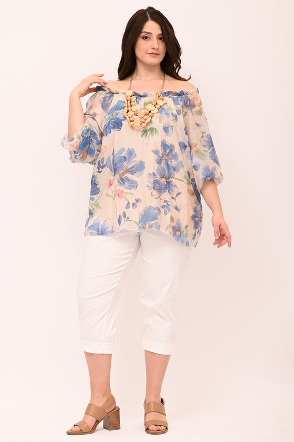 Blusa scollo carmen fiori - Celeste