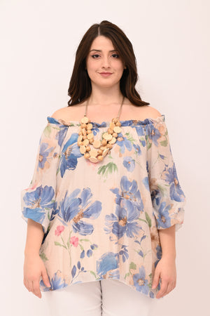 Blusa scollo carmen fiori - Celeste