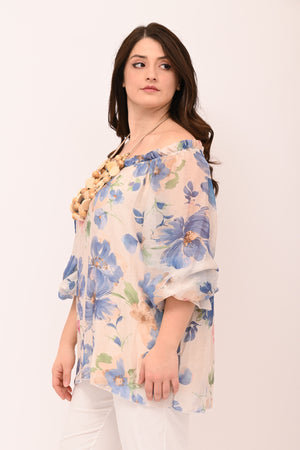 Blusa scollo carmen fiori - Celeste
