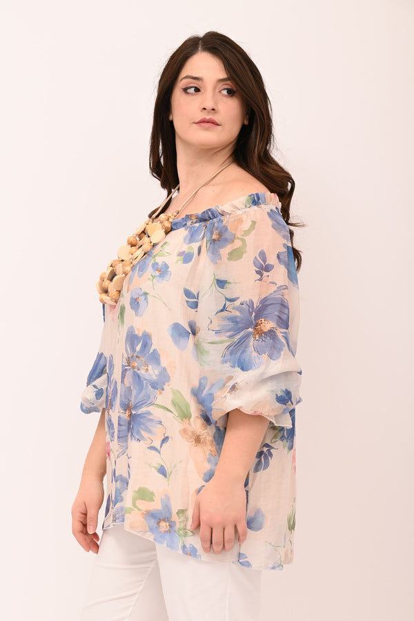 Blusa scollo carmen fiori - Celeste