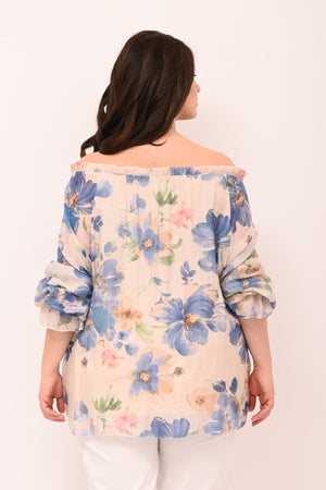 Blusa scollo carmen fiori - Celeste