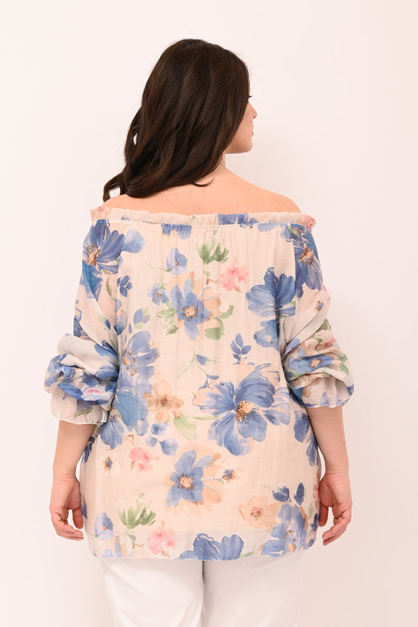 Blusa scollo carmen fiori - Celeste