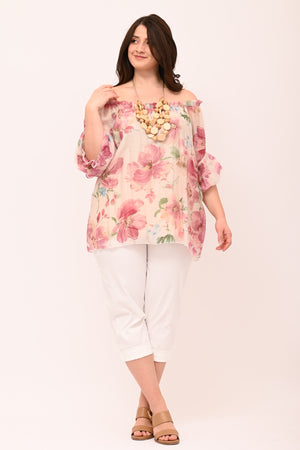 Blusa scollo carmen fiori - Rosa