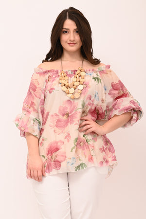 Blusa scollo carmen fiori - Rosa