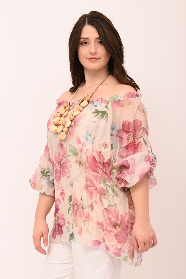 Blusa scollo carmen fiori - Rosa