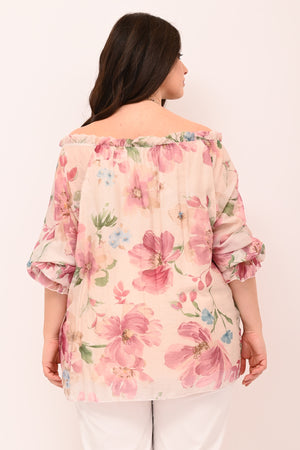 Blusa scollo carmen fiori - Rosa