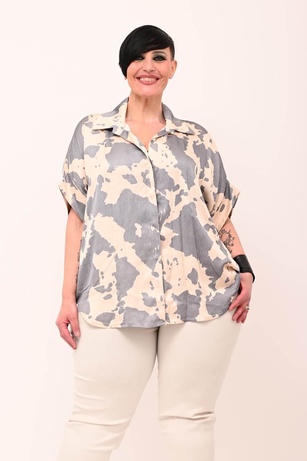 Camicia scatola raso - Muccato grigio