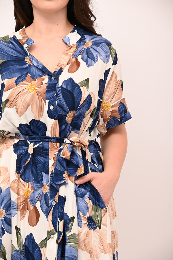 Abito chemisier viscosa fiori - Blu