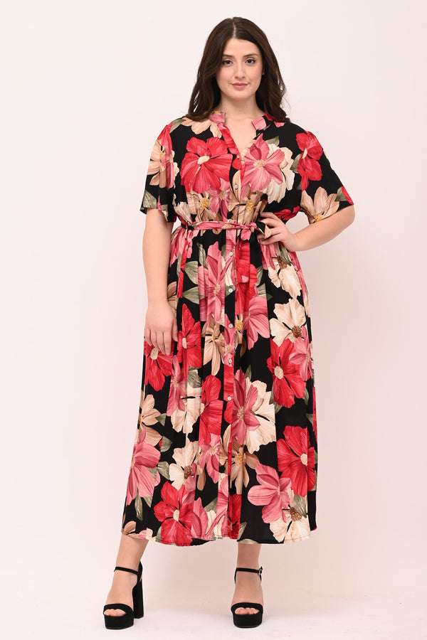 Abito chemisier viscosa fiori - Nero