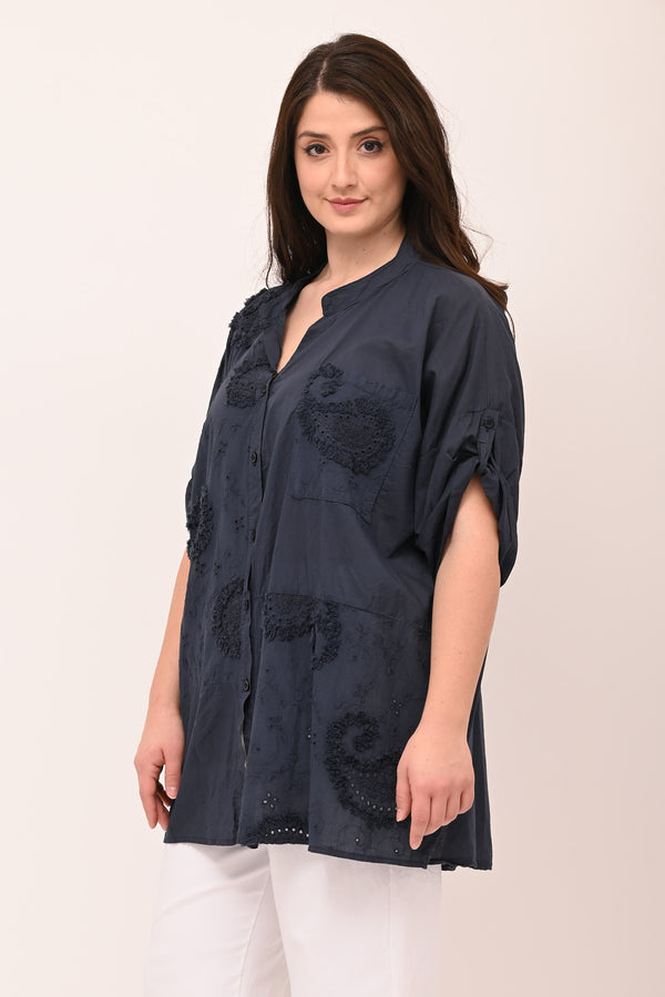 Camicia coreana sangallo - Blu