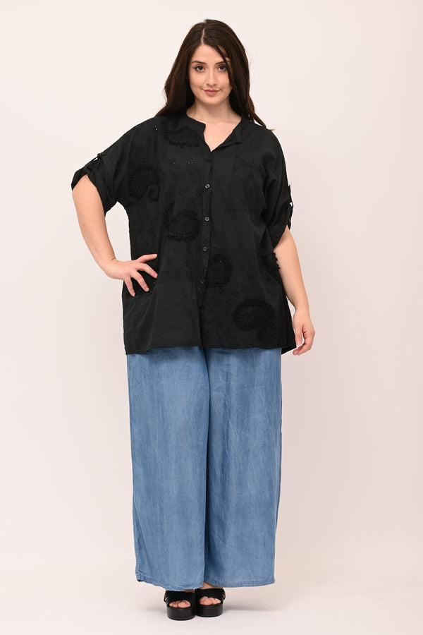 Camicia coreana sangallo - Nero