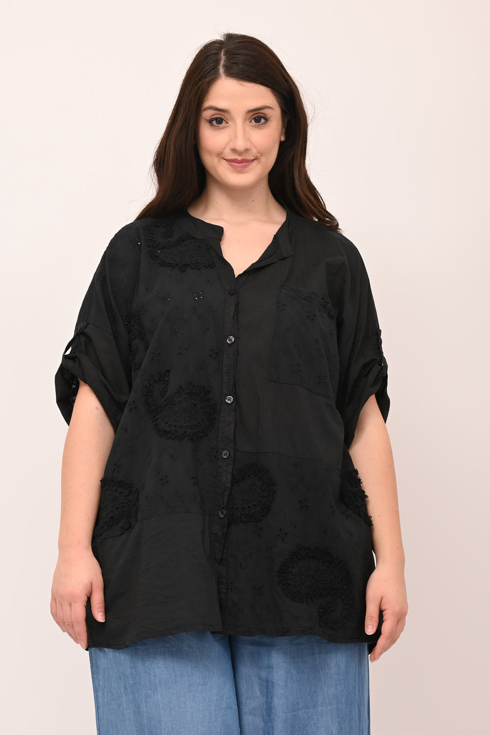 Camicia coreana sangallo - Nero