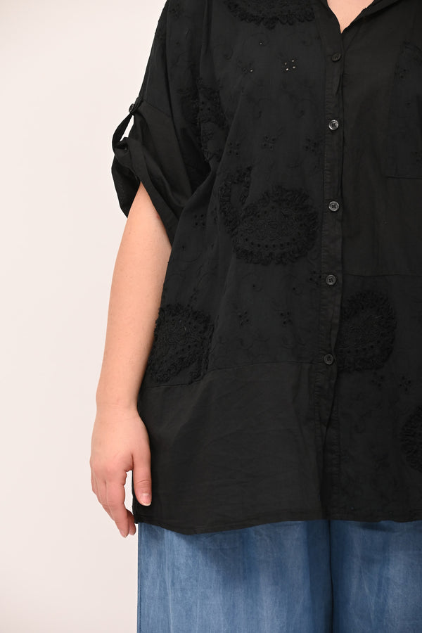 Camicia coreana sangallo - Nero
