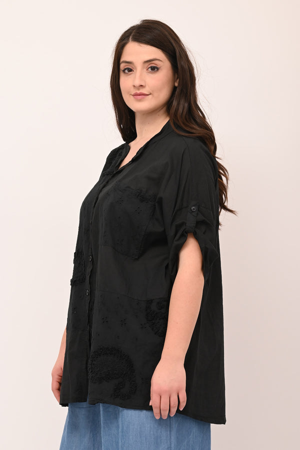 Camicia coreana sangallo - Nero