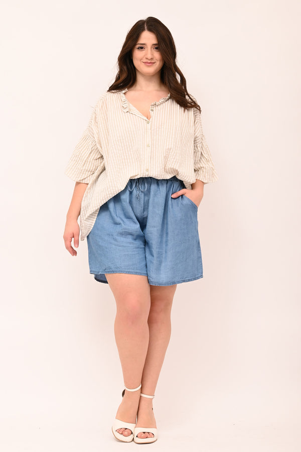 Camicia righe scollo V - Sabbia
