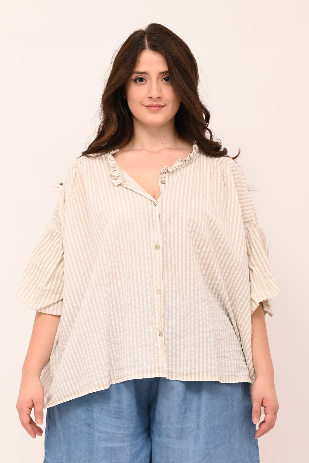 Camicia righe scollo V - Sabbia