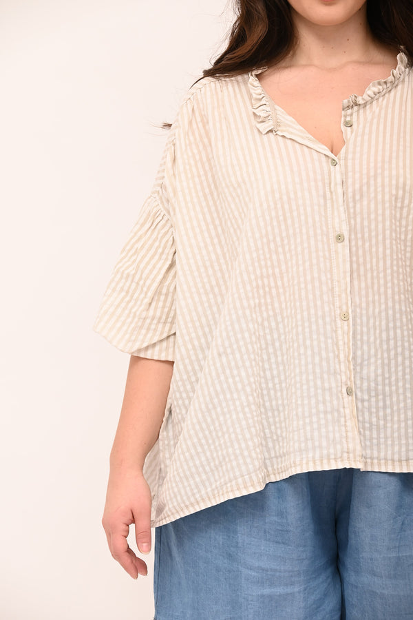 Camicia righe scollo V - Sabbia