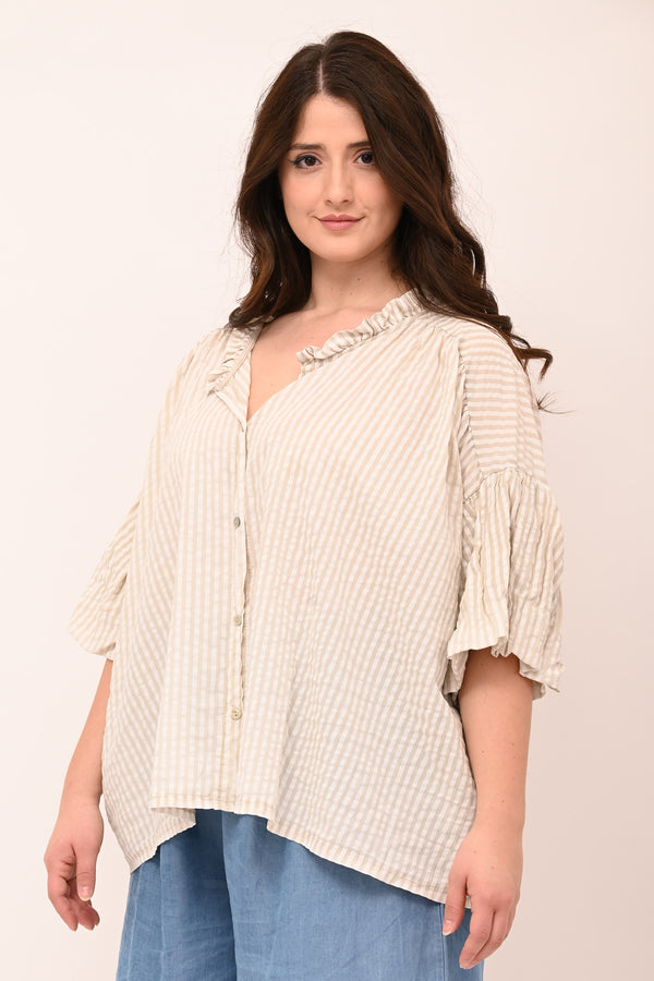 Camicia righe scollo V - Sabbia