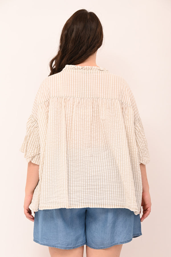 Camicia righe scollo V - Sabbia