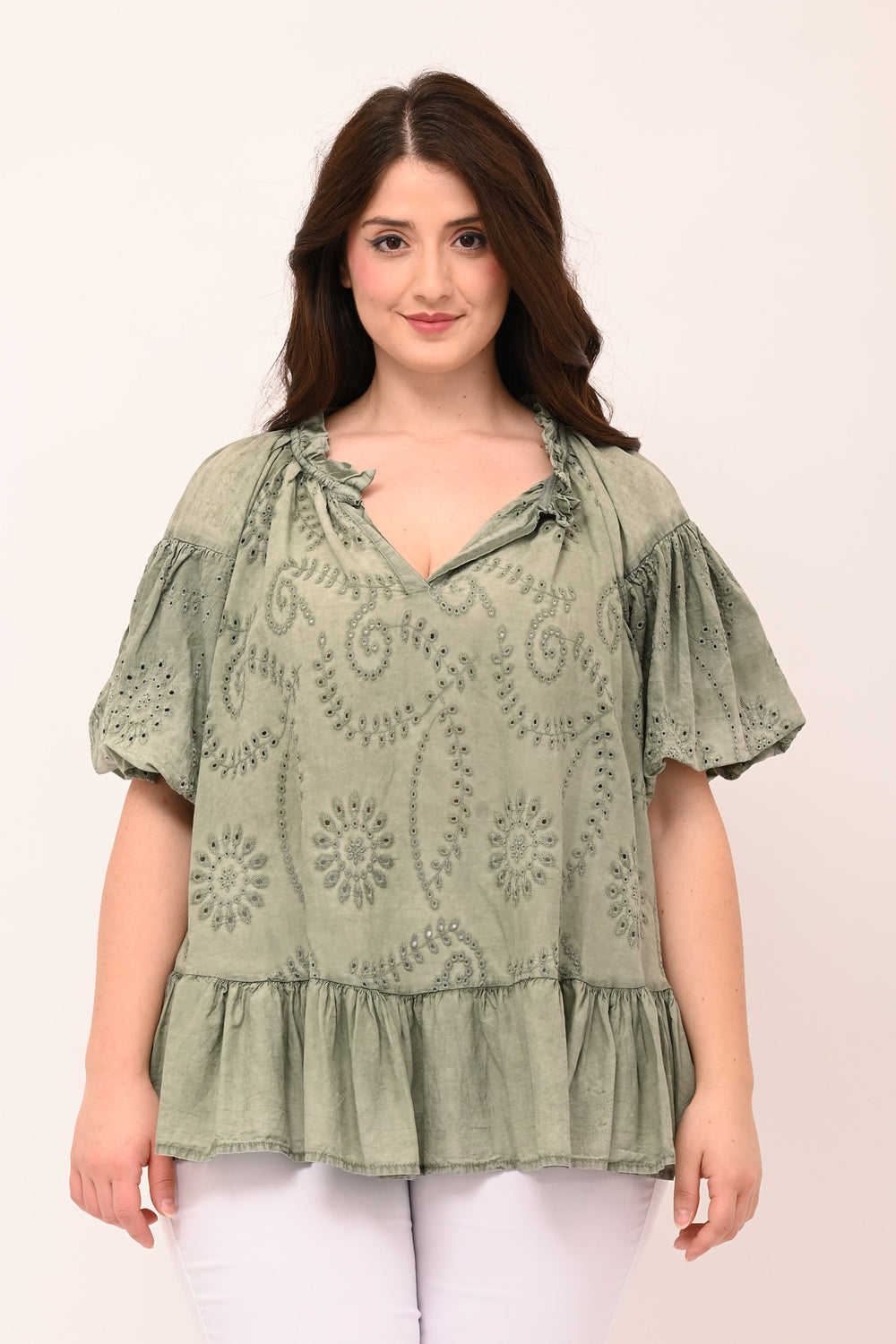 Blusa V sangallo rouches - Verde mlitare