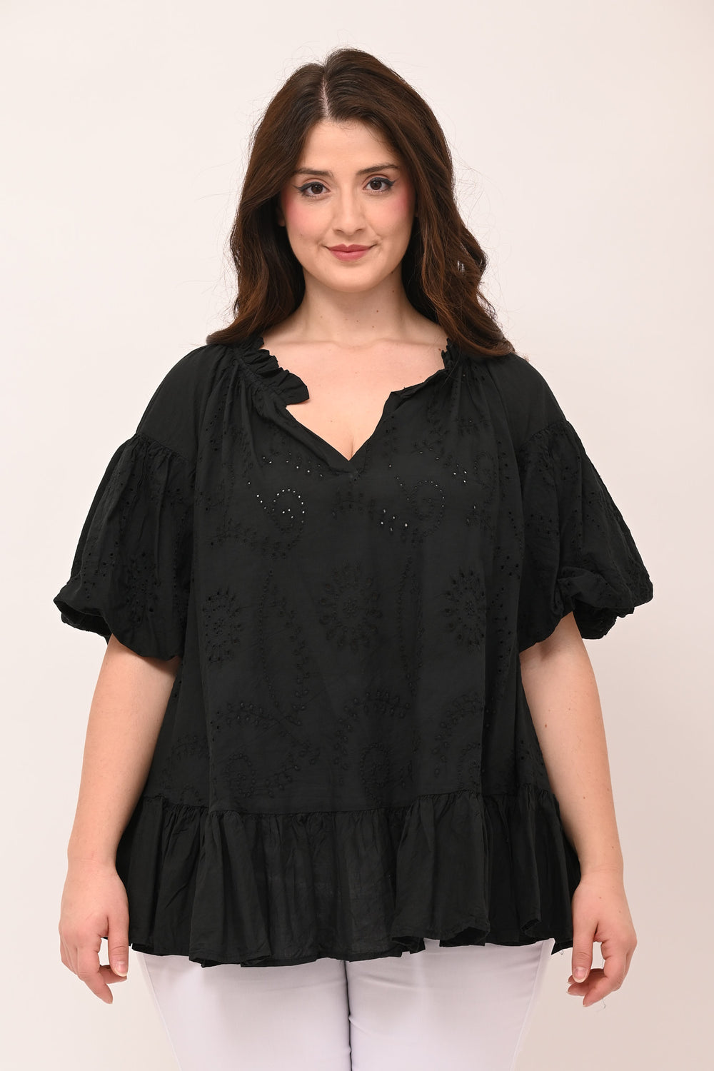 Blusa V sangallo rouches - Nero