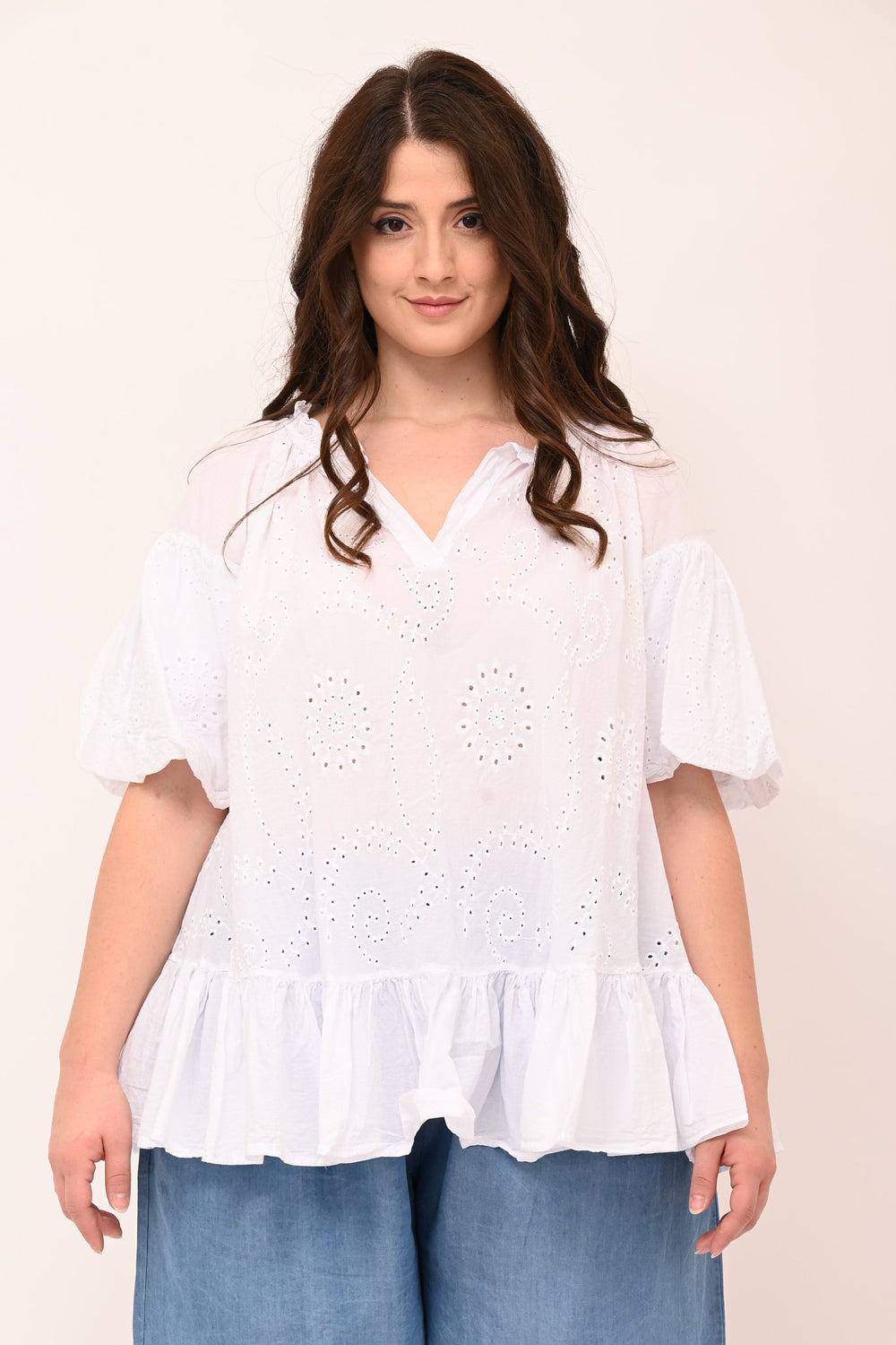 Blusa V sangallo rouches - Bianco