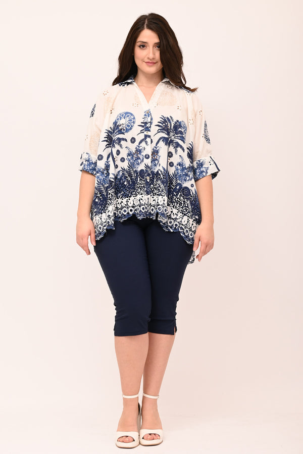 Camicia sangallo palme - Blu