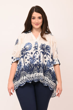 Camicia sangallo palme - Blu