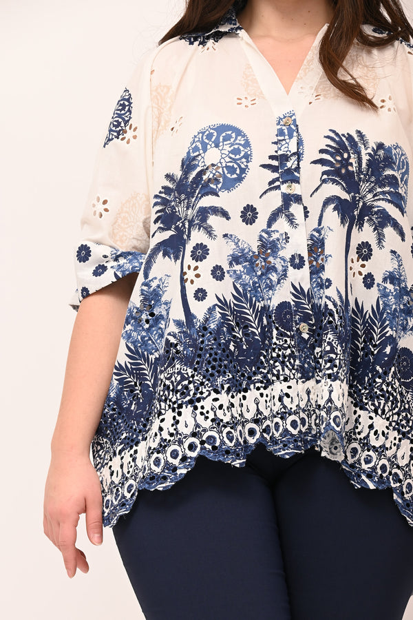 Camicia sangallo palme - Blu