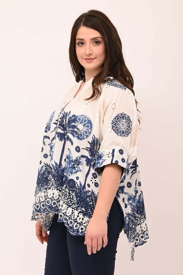 Camicia sangallo palme - Blu