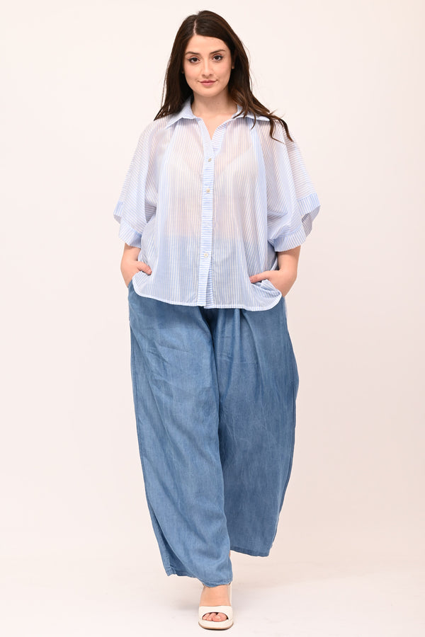 Camicia righe manica larga - Celeste