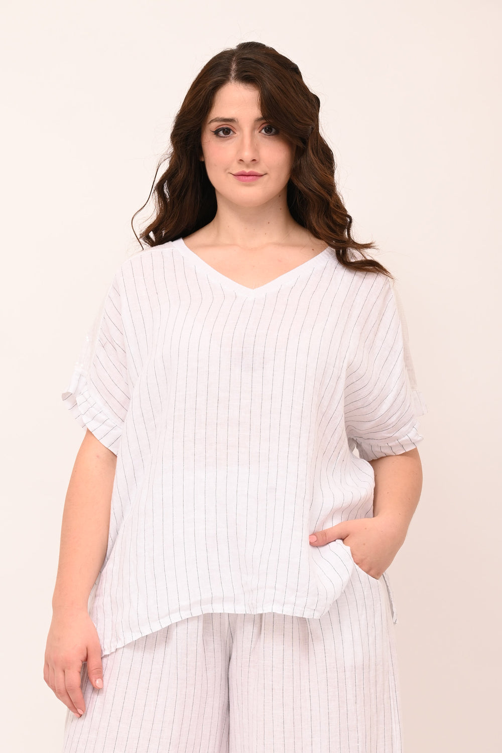Blusa gessata paillettes - Bianco
