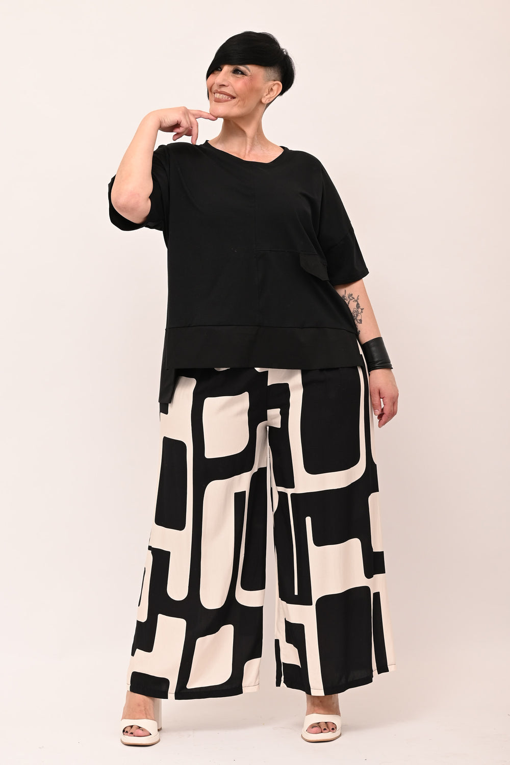 Pantalone viscosa optical - Bianco/Nero
