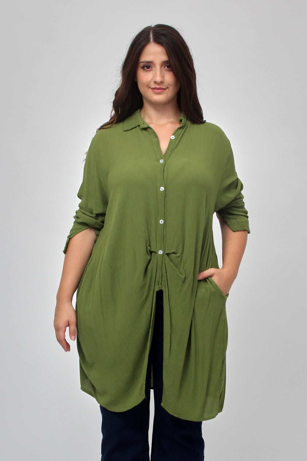 Camicia stropiccio bottoni - Oliva