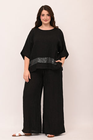 Blusa gessata lino bordo paillettes - Nero