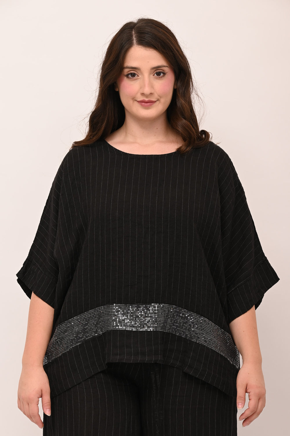 Blusa gessata lino bordo paillettes - Nero