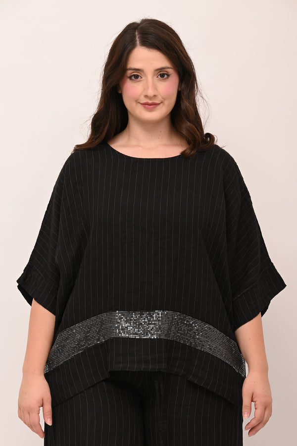 Blusa gessata lino bordo paillettes - Nero