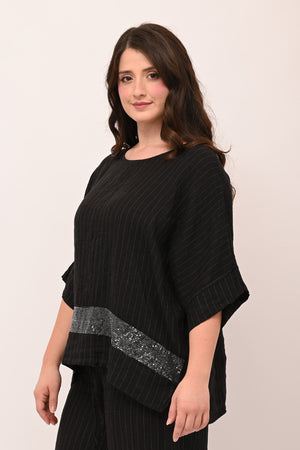 Blusa gessata lino bordo paillettes - Nero