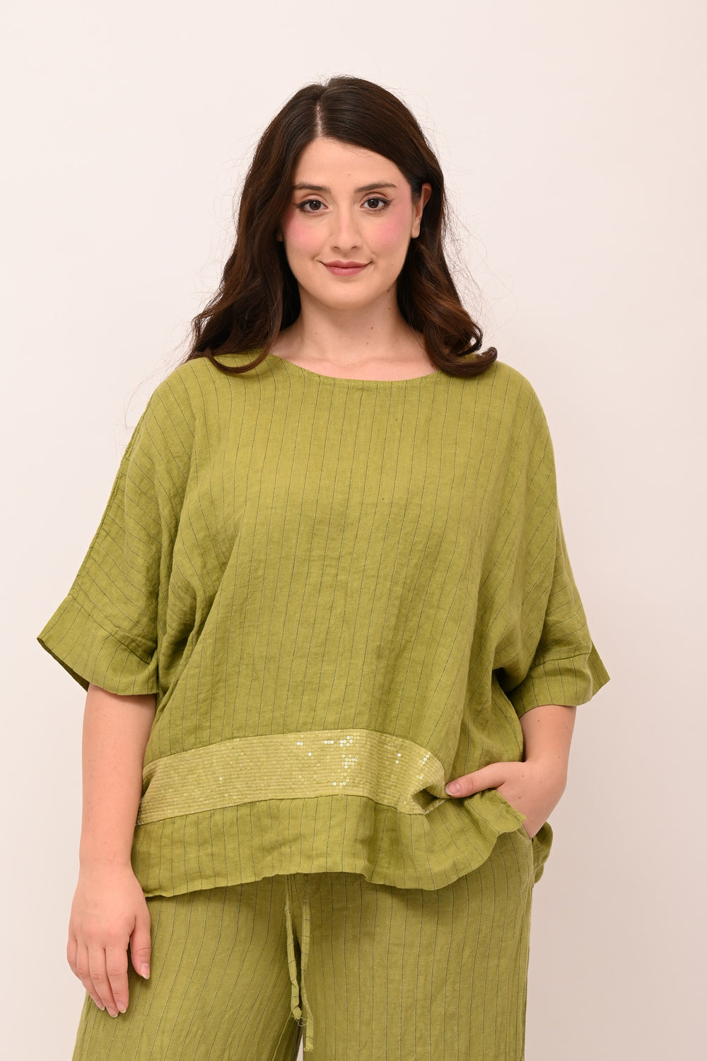 Blusa gessata lino bordo paillettes - Pesto