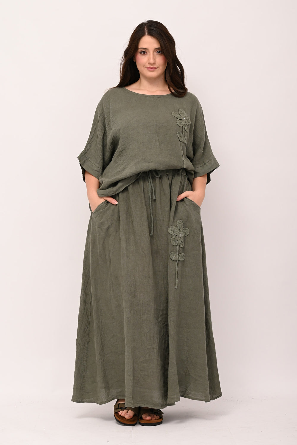 Completo lino fiore - Verde militare