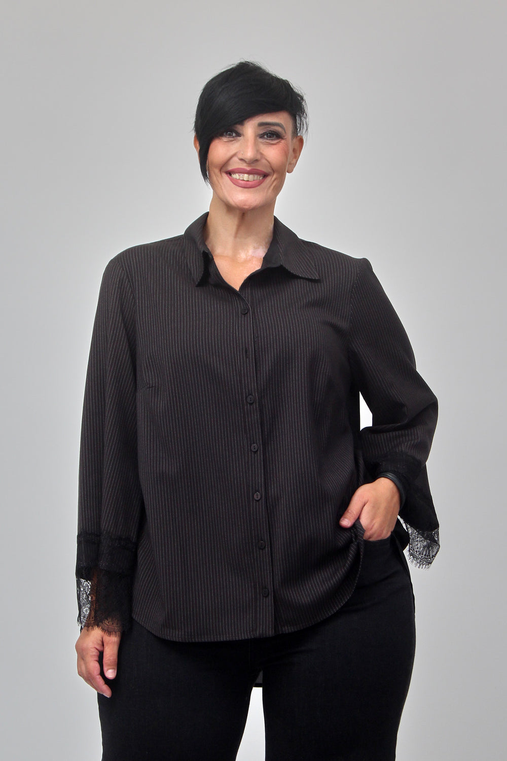 Camicia gessata pizzo - Nero