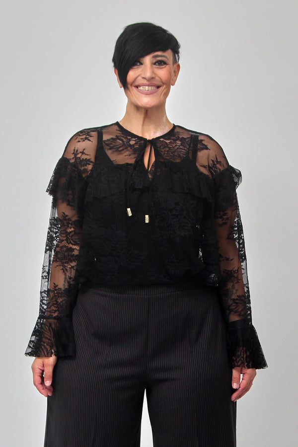 Blusa pizzo rouches - Nero