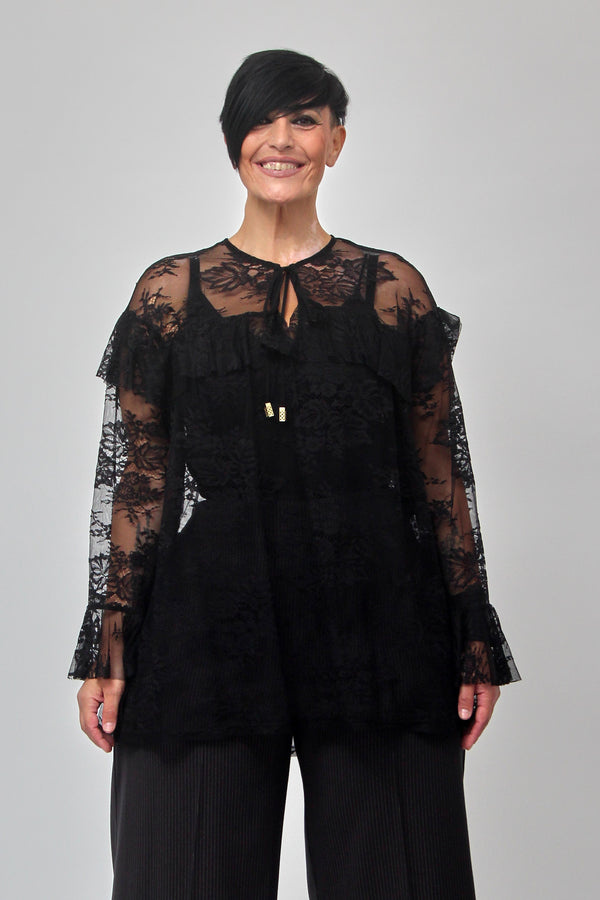 Blusa pizzo rouches - Nero