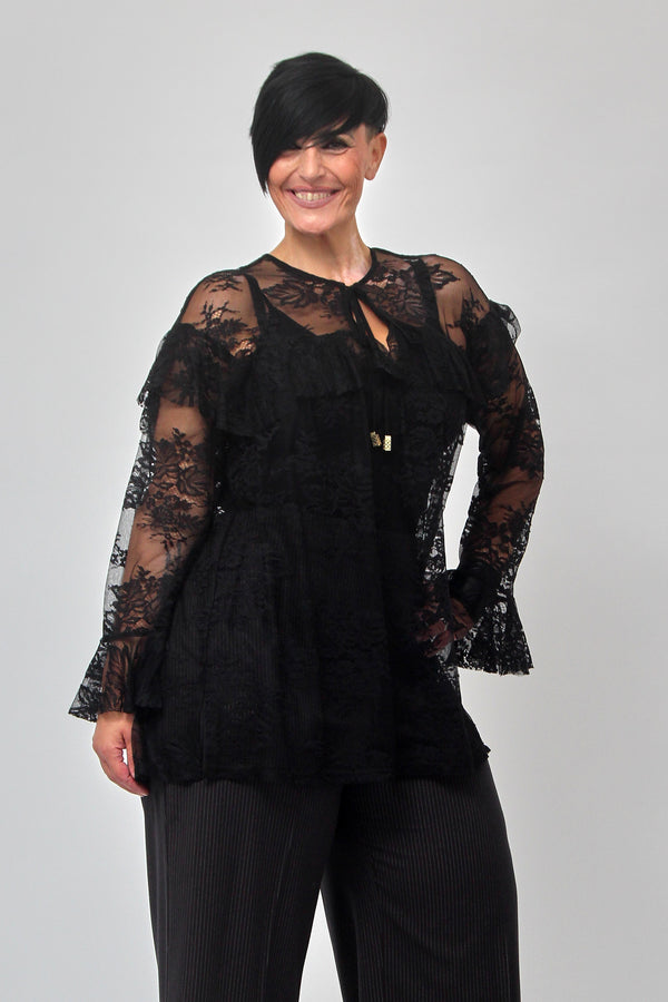 Blusa pizzo rouches - Nero