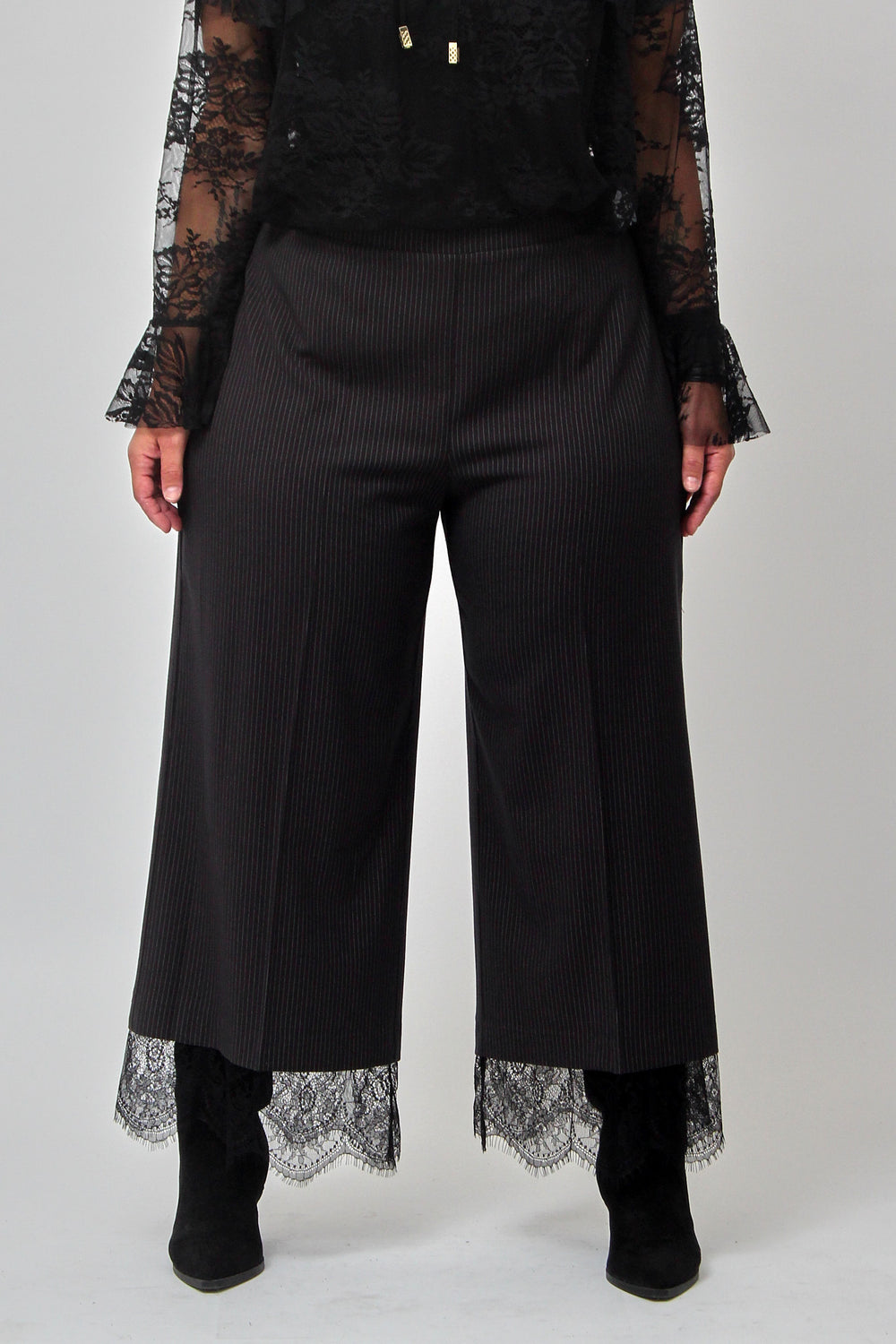 Pantalone gessato inserto pizzo - Nero
