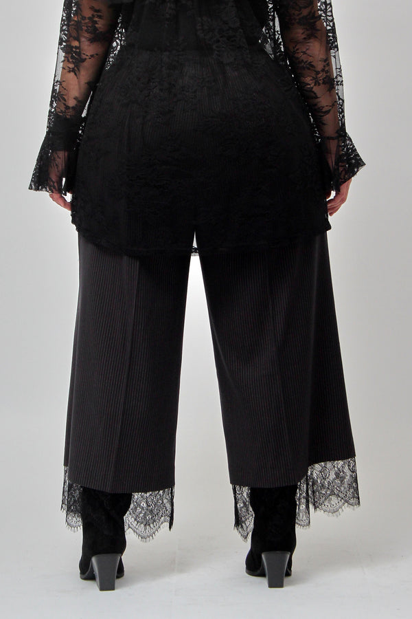Pantalone gessato inserto pizzo - Nero