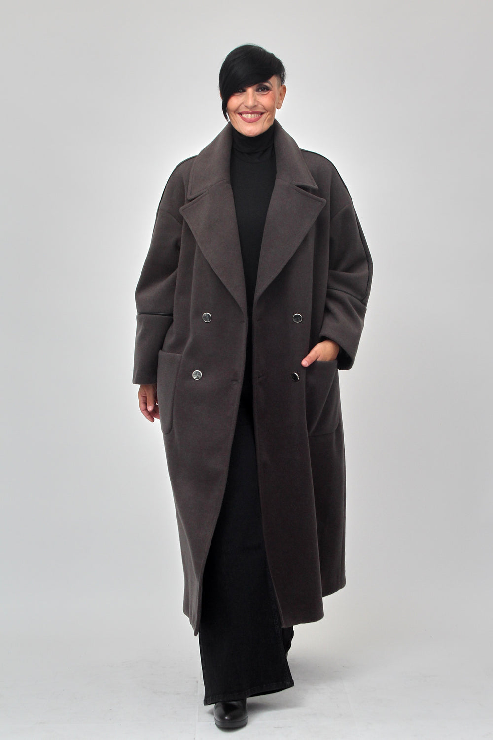 Cappotto doppio petto bordo ecopelle - Fumo