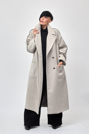 Cappotto doppio petto bordo ecopelle - Gesso