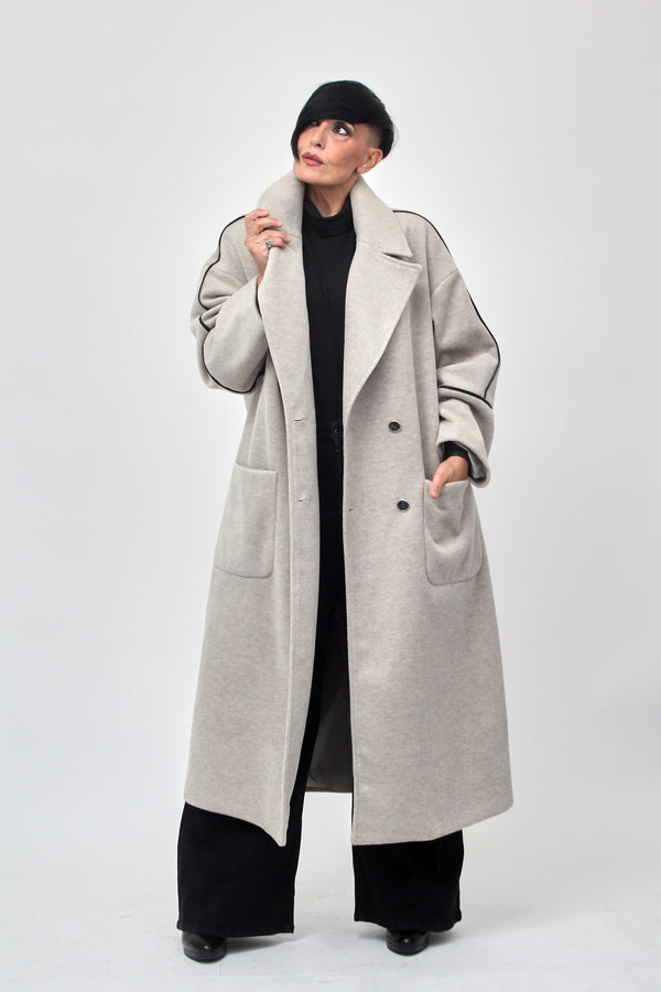 Cappotto doppio petto bordo ecopelle - Gesso