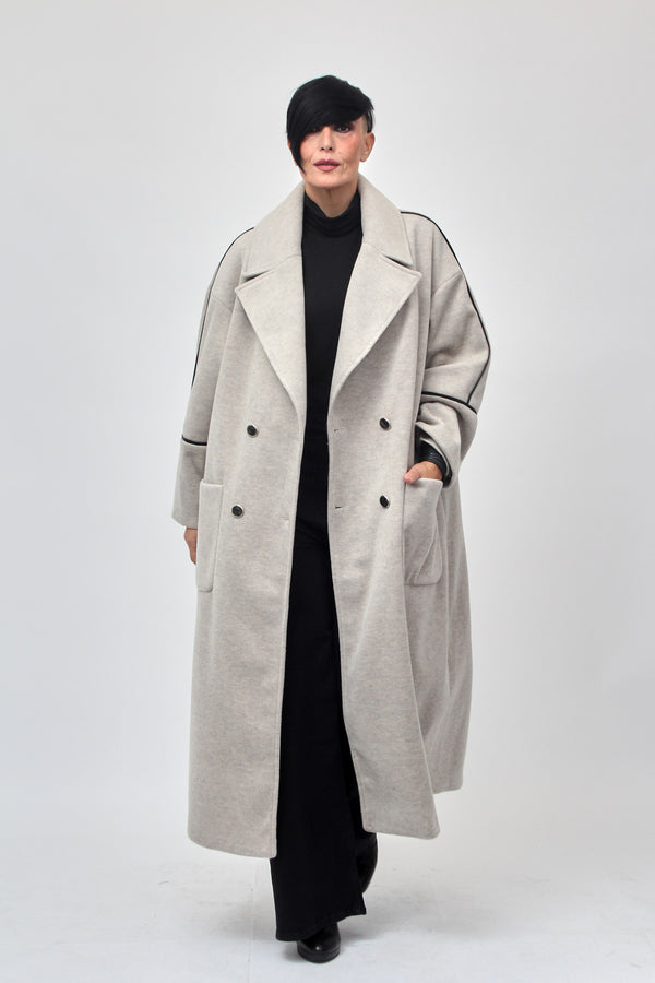 Cappotto doppio petto bordo ecopelle - Gesso